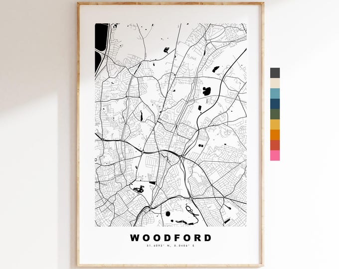Woodford Map Print - Minimalist City Map Poster - Map Art - UK - Woodford Print - Woodford, London - Different Colours Available