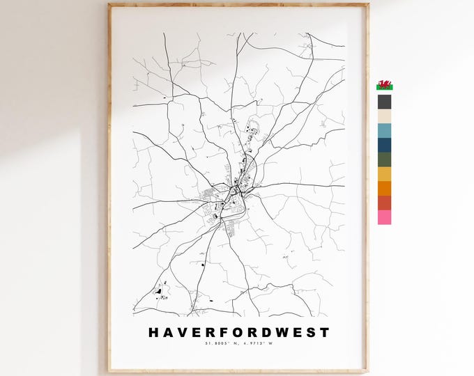 Haverfordwest Map Print - Minimalist City Map Poster - Map Art - Wales - Haverfordwest Print - Poster - Different Colours Available