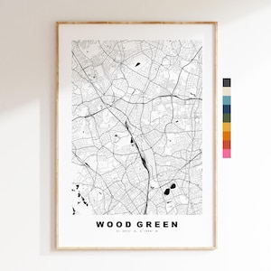 Impresión de mapa verde madera - Póster minimalista de mapa urbano - Arte cartográfico - Reino Unido - Impresión verde madera - Verde madera, Londres - Diferentes colores disponibles