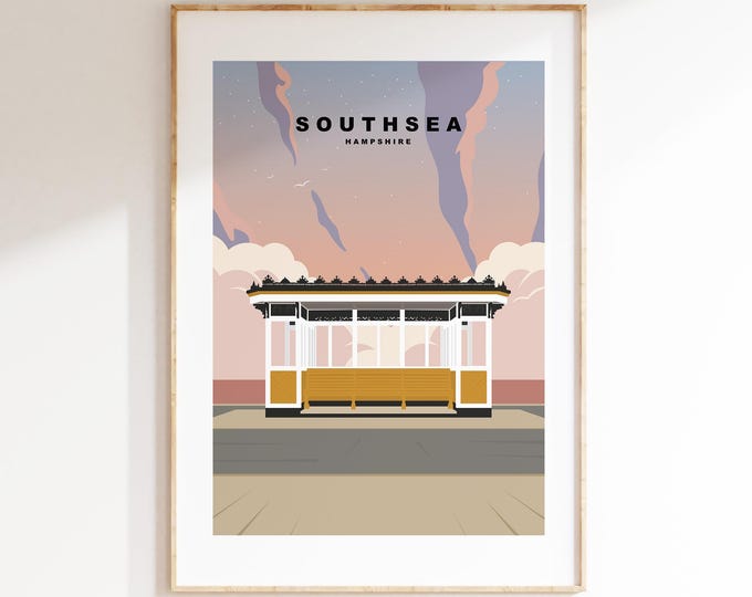 Southsea Travel Poster (Sunset) - Wall Art Print - Southsea and Portsmouth Travel Posters - Minimalist Retro Style - Prints or Framed Prints