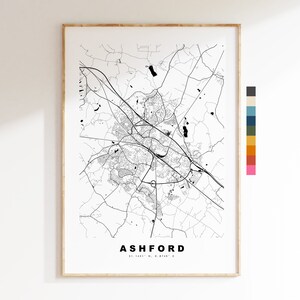 Impresión de mapa de Ashford - Póster de mapa de ciudad minimalista - Arte de mapas - Kent - Impresión de Ashford - Póster de Ashford - Diferentes colores disponibles