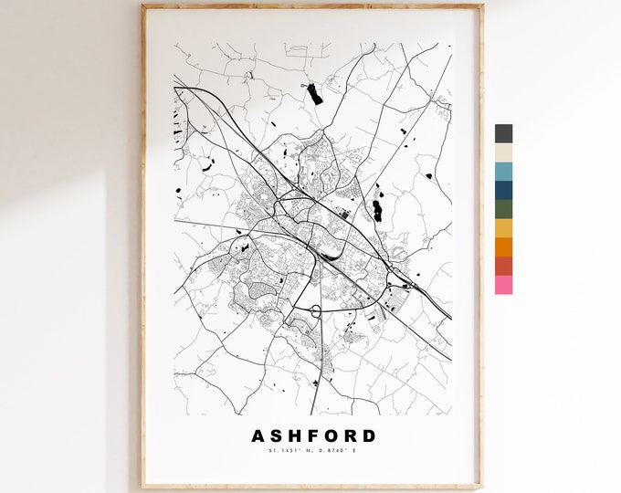 Ashford Map Print - Minimalist City Map Poster - Map Art - Kent - Ashford Print - Ashford Poster - Different Colours Available