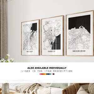 May include: Three black and white city maps in wooden frames. The maps are of Belfast, Cardiff, and Edinburgh. The text "ALSO AVAILABLE INDIVIDUALLY LINKS IN THE ITEM DESCRIPTION" is below the maps.
