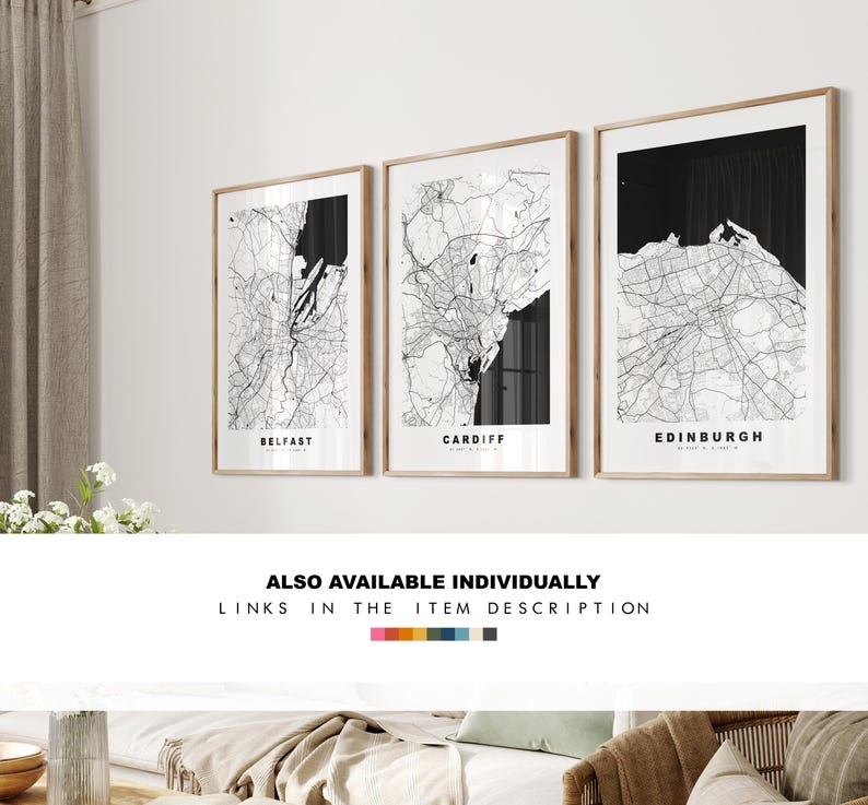 May include: Three black and white city maps in wooden frames. The maps are of Belfast, Cardiff, and Edinburgh. The text "ALSO AVAILABLE INDIVIDUALLY LINKS IN THE ITEM DESCRIPTION" is below the maps.