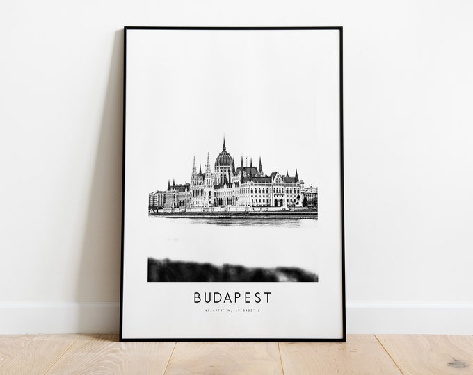 Budapest City Poster Print - Black and White Minimalist City Print - Coordinates - Budapest Poster - Budapest Art Print - Hungary - Gift