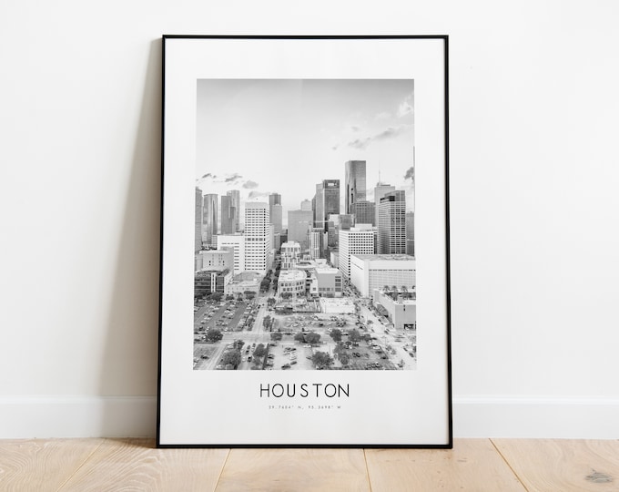Houston City Poster Print - Black and White Minimalist City Print - Coordinates - Houston Poster - Houston Art Print - Poster - USA - Gift