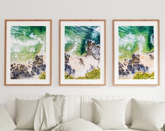 Rocky Beach Print Set - Cornwall Photography Prints - Coastal Wall Art - Turquoise - Green - Blue - Modern - Minimalist - Bathroom - Prints
