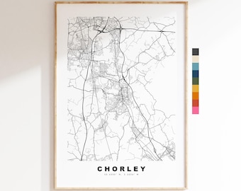 Chorley Map Print - Minimalist City Map Poster - Map Art - UK - Chorley Print - Chorley, Lancashire - Different Colours Available