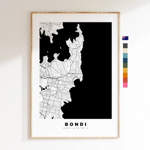 Bondi Stadtplan-Druck – minimalistischer Stadtplan – Karten-Wandkunst – Drucke oder gerahmte Drucke