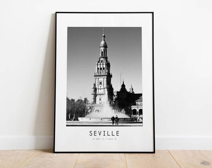 Seville City Poster Print - Black and White Minimalist City Print - Coordinates - Seville Poster - Seville Art Print - Spain - Seville Print