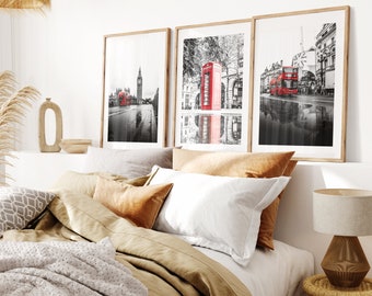 London Print Set of Three - Black and White - Pop of Red - London Print Set - London Photography - Fine Art Photography - London Poster Set