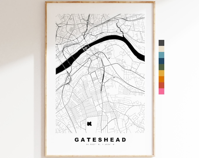 Gateshead Map Print - Minimalist City Map Poster - Map Wall Art - UK - Gateshead Print - Gateshead Poster - Different Colours Available