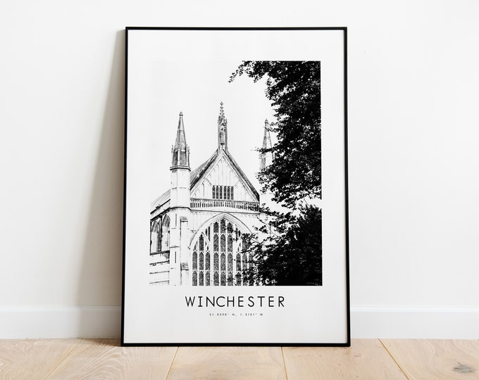 Winchester Poster Print - Black and White Minimalist City Print - Coordinates - Winchester Poster - Winchester Art Print - Winchester Gift