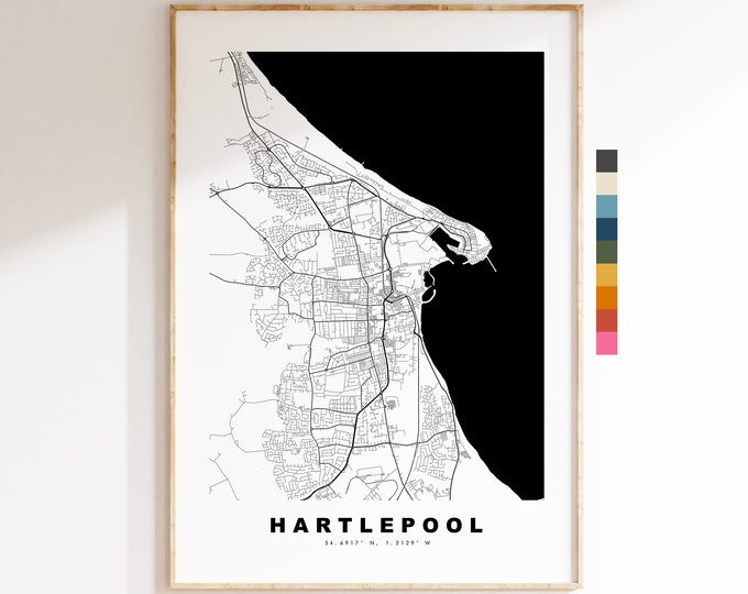 Hartlepool Map Print - Minimalist City Map Poster - Map Wall Art - UK - Hartlepool Print - Hartlepool Poster - Different Colours Available