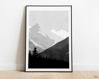Mountain Landscape Print - Monochrome - Minimalist Print - Minimalist Mountains - Wall Art - Abstract Poster - Mountain - Black and White