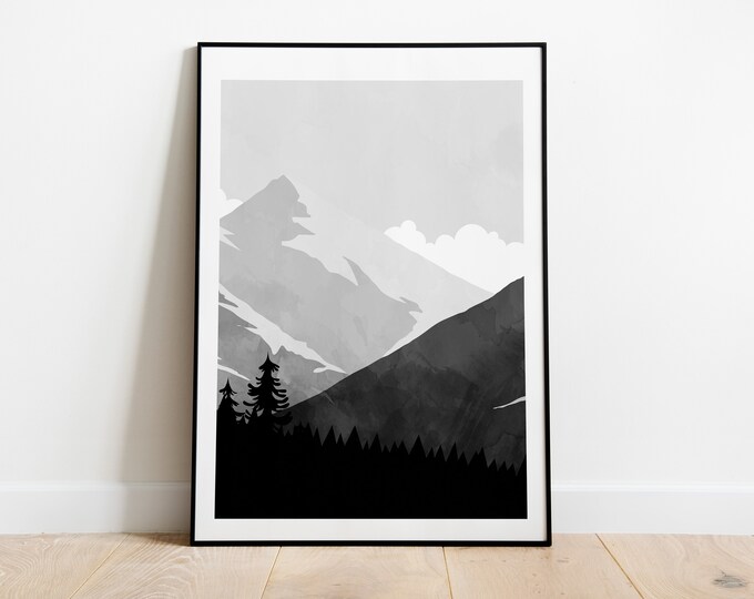 Mountain Landscape Print - Monochrome - Minimalist Print - Minimalist Mountains - Wall Art - Abstract Poster - Mountain - Black and White
