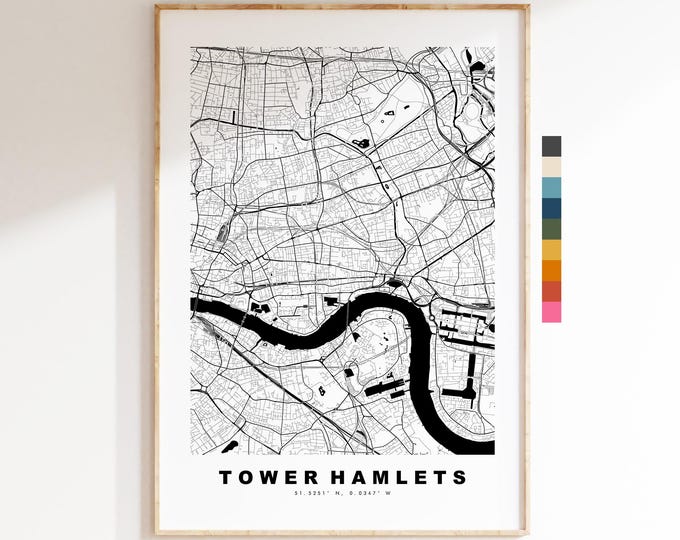 Tower Hamlets Map Print - Minimalist City Map Poster - Map Art - UK - Tower Hamlets Print - London - Different Colours Available