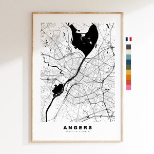 Angers Impresión de mapas de la ciudad - Mapa de la ciudad minimalista - Arte de la pared del mapa - Impresiones o impresiones enmarcadas