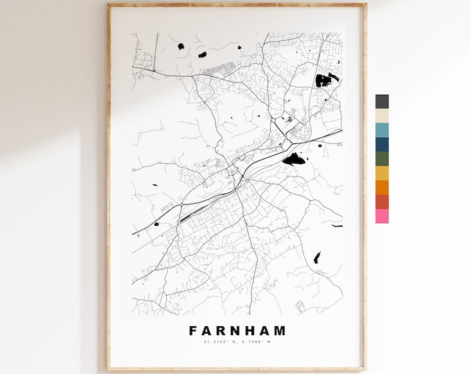 Farnham Map Print - Minimalist City Map Poster - Map Wall Art - UK - Farnham Print - Farnham Poster - Different Colours Available