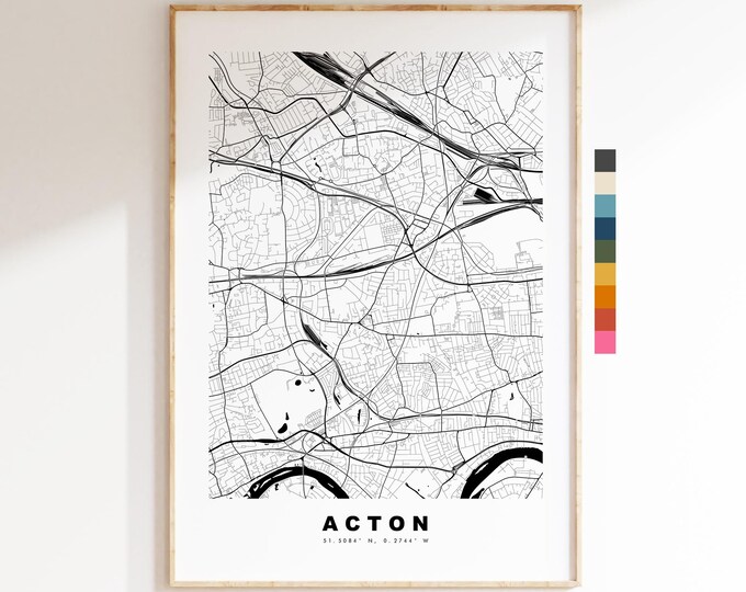 Acton Map Print - Minimalist City Map Poster - Map Art - UK - Acton Print - Acton, London Poster - Different Colours Available