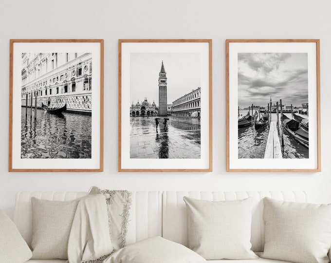 Venice Black and White Print Set - Venice Photography Prints - St Marks Square - Gondola - Bridge of Sighs - Monochrome Photography Prints
