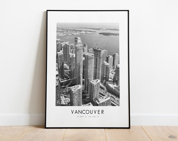 Vancouver City Poster Print - Black and White Minimalist City Print - Coordinates - Vancouver Poster - Vancouver Art Print - Canada - Gift