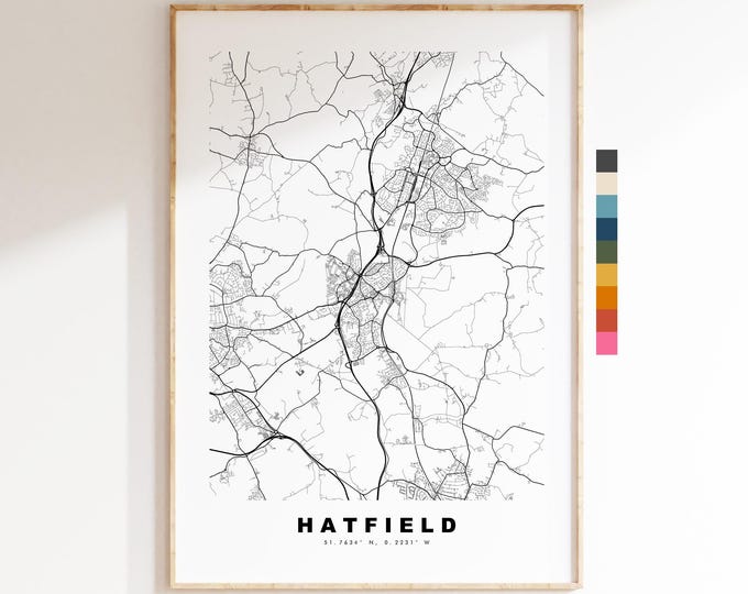 Hatfield Map Print - Minimalist City Map Poster - Map Art - UK - Hatfield Print - Hatfield, Hertfordshire - Different Colours Available