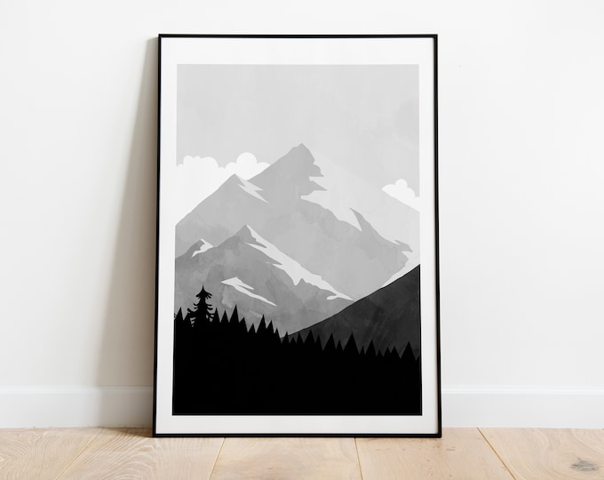 Mountain Landscape Print - Monochrome - Minimalist Print - Minimalist Mountains - Wall Art - Abstract Poster - Mountain - Black and White