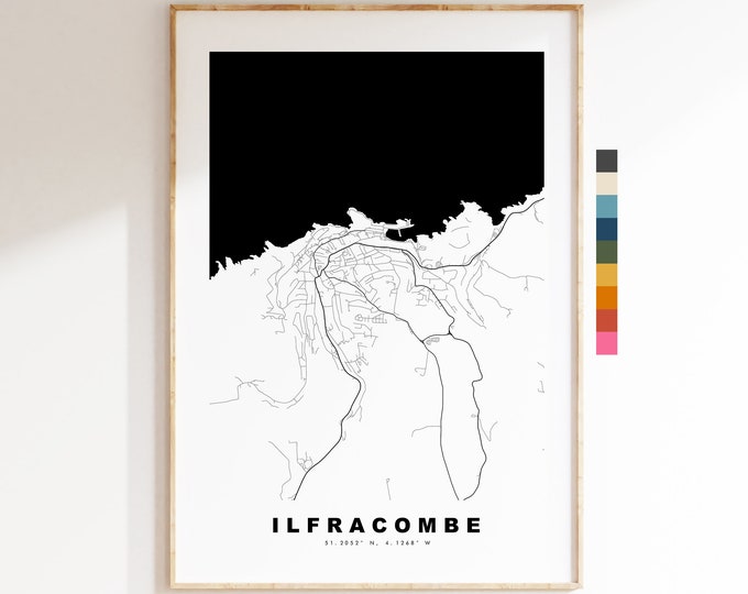 Ilfracombe Map Print - Minimalist City Map Poster - Map Wall Art - UK - Ilfracombe Print - Ilfracombe Poster - Different Colours Available