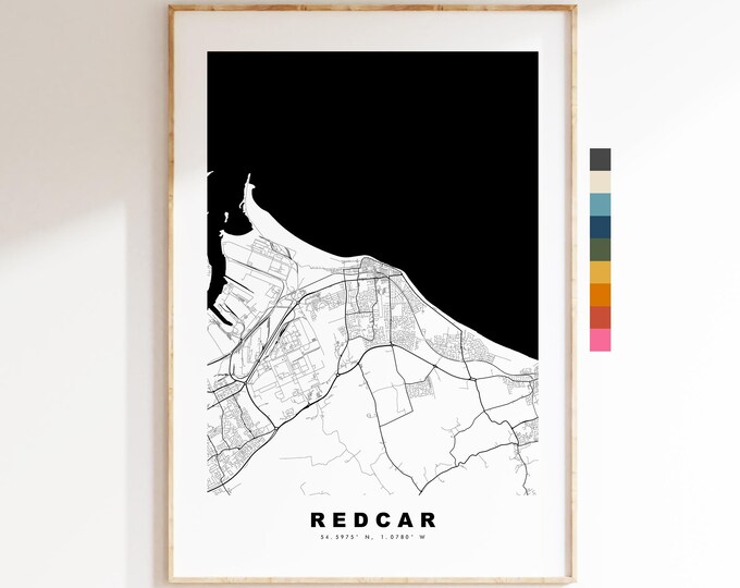 Redcar Map Print - Minimalist City Map Poster - Map Art - UK - Redcar Print - Redcar, Yorkshire - Different Colours Available