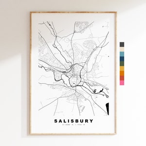 Impresión de mapa de Salisbury - Póster de mapa de ciudad minimalista - Arte de mapas - Reino Unido - Impresión de Salisbury - Póster de Salisbury - Diferentes colores disponibles