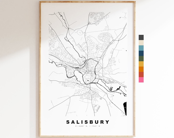 Salisbury Map Print - Minimalist City Map Poster - Map Art - UK - Salisbury Print - Salisbury Poster - Different Colours Available
