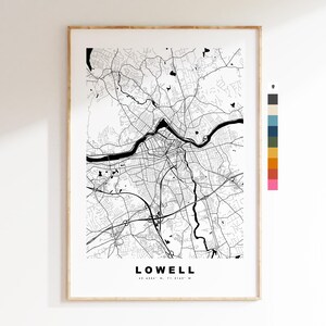 Lowell Carte de la ville Imprimer - impression de carte - art de la carte - estampes ou impressions encadrées - minimaliste - États-Unis