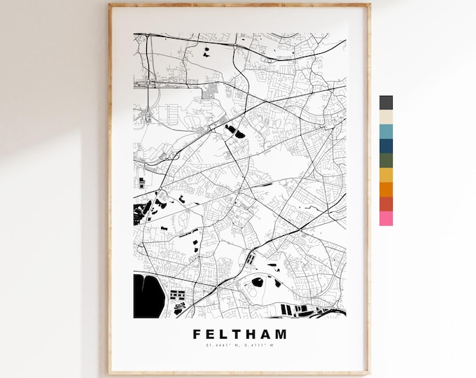 Feltham Map Print - Minimalist City Map Poster - Map Art - UK - Feltham Print - Feltham, London - Different Colours Available