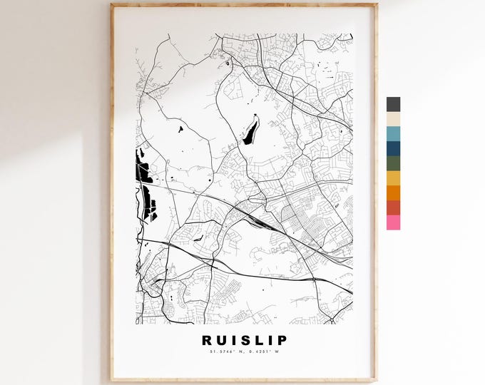 Ruislip Map Print - Minimalist City Map Poster - Map Art - UK - Ruislip Print - Ruislip, London - Different Colours Available