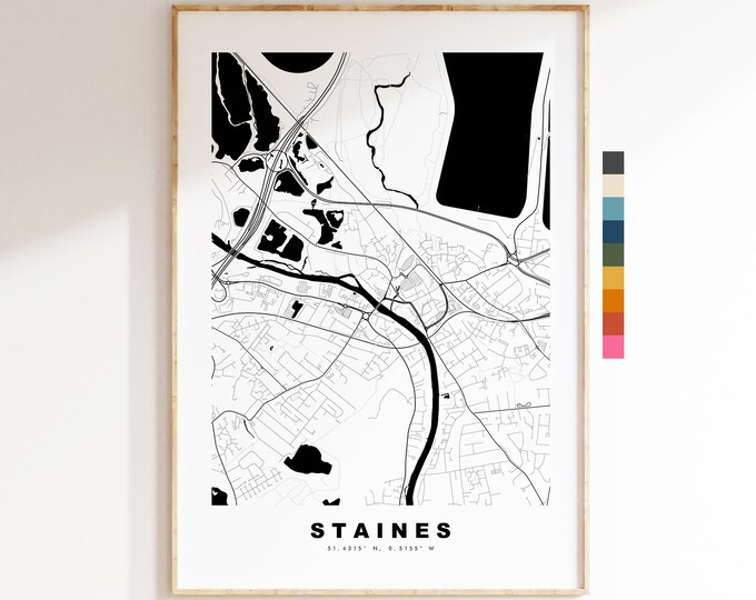 Staines Map Print - Minimalist City Map Poster - Map Art - London, UK - Staines Print - Staines Poster - Different Colours Available