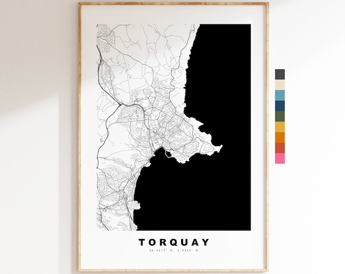 Torquay Map Print - Minimalist City Map Poster - Map Art - UK - Torquay Print - Torquay Poster - Different Colours Available