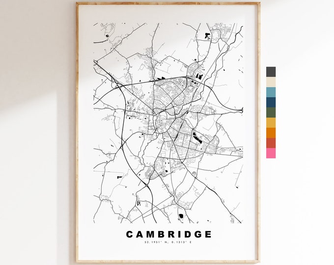 Cambridge Map Print - Minimalist City Map Poster - Map Art - UK - Cambridge Print - Cambridge Poster - Different Colours Available
