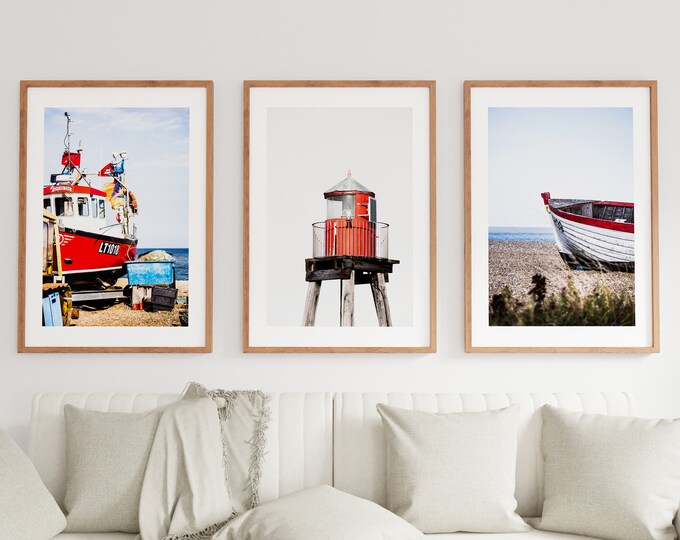 Modern Red Coastal Print Set - Minimalist - Coastal Photography Prints - Modern - Neutral - Red - Fishing Boats - Lighthouse - Coastal Print