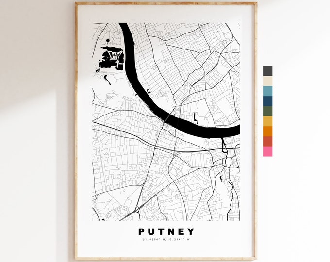 Putney Map Print - Minimalist City Map Poster - Map Art - London, UK - Putney Print - Putney Poster - Different Colours Available