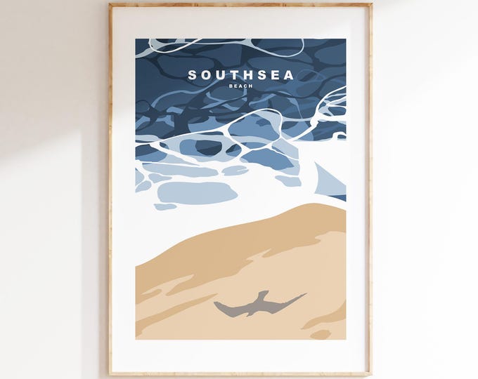 Southsea Beach Travel Poster - Wall Art Print - Southsea and Portsmouth Travel Posters - Minimalist Retro Style - Prints or Framed Prints