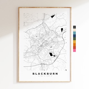 Impresión de mapa de Blackburn - Póster de mapa de ciudad minimalista - Arte de pared con mapas - Reino Unido - Impresión de Blackburn - Póster de Blackburn - Diferentes colores disponibles