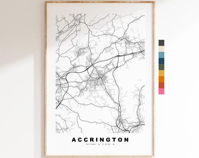 Accrington Map Print - Minimalist City Map Poster - Map Art - UK - Accrington Print - Accrington, Lancashire - Different Colours Available