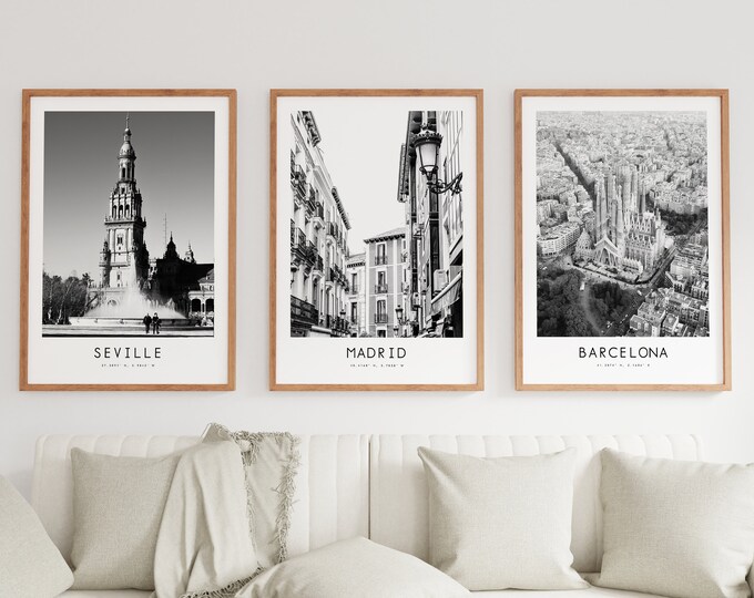 Spain Poster Print Set - Barcelona - Madrid - Seville - Black and White Minimalist Prints - Hallway - Living Room - City Posters - Wall Art