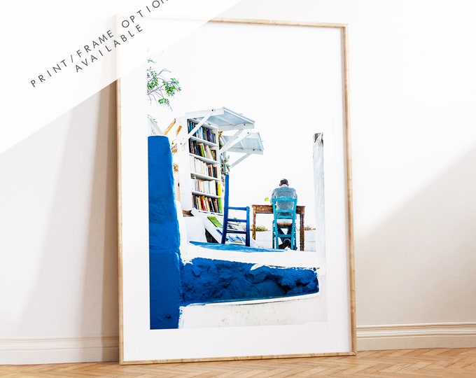 Santorini Bookshop - Photography Print - Greece - Print - Poster - Santorini Photography - Greece Wall Art - People Photography Print