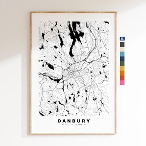 Danbury Carte de la ville Imprimer - impression de carte - art de la carte - estampes ou impressions encadrées - minimaliste - États-Unis