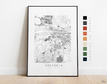 Impression de carte de Pretoria - Poster de carte de la ville - Art de carte - Art mural de carte - Plan de la ville d'Afrique du Sud - Impression de Pretoria - Poster de Pretoria - Art mural - Afrique