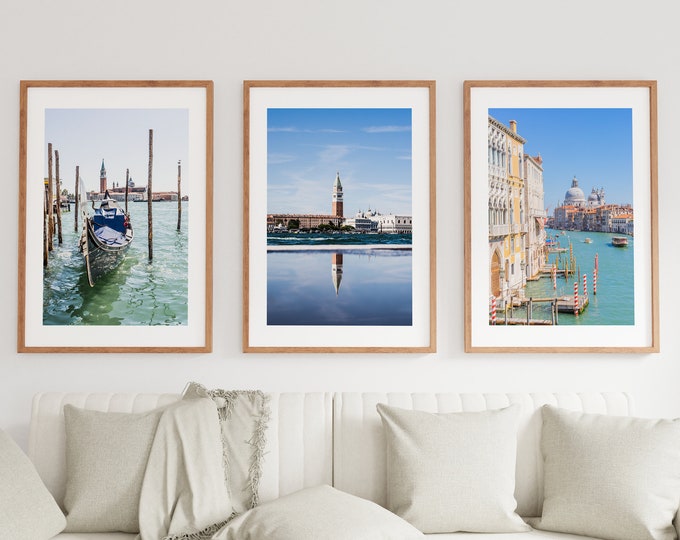 Venice Landmarks Print Set of Three - Colourful Scenes of Venice - White Wall Art - Venice Print Set - Grand Canal - Gondola - St Marks