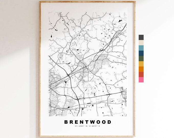 Brentwood Map Print - Minimalist City Map Poster - Map Art - UK - Brentwood Print - Brentwood Poster - Different Colours Available