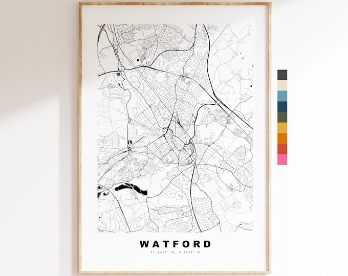 Watford Map Print - Minimalist City Map Poster - Map Art - London, UK - Watford Print - Watford Poster - Different Colours Available